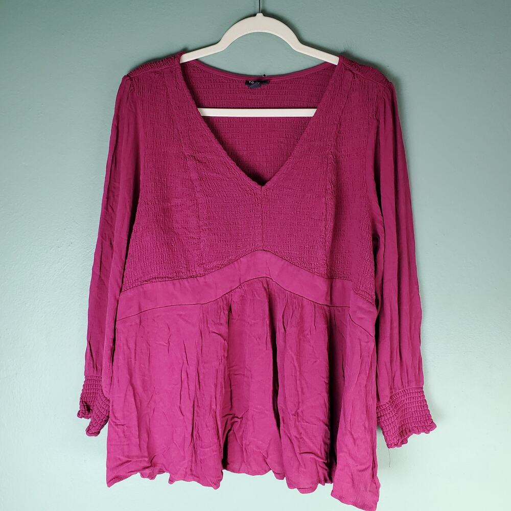 Torrid Womens Pink Babydoll Crinkle Gauze Smocked V-Neck Long Sleeve Top Size 3